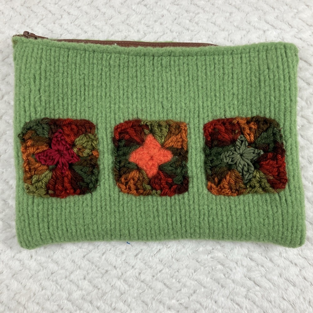 Crochet Clutch Bag Pouch Granny Square Green Boho